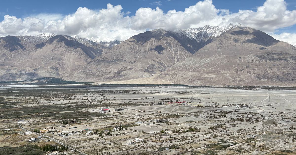 Aerial view of the Nubra Valley and its settlements, Ladakh, India