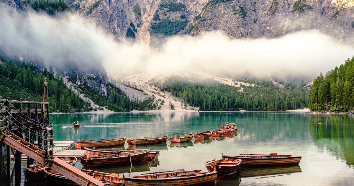 Wooden boats on Lago di Braies in Trentino South Tyrol, Italy