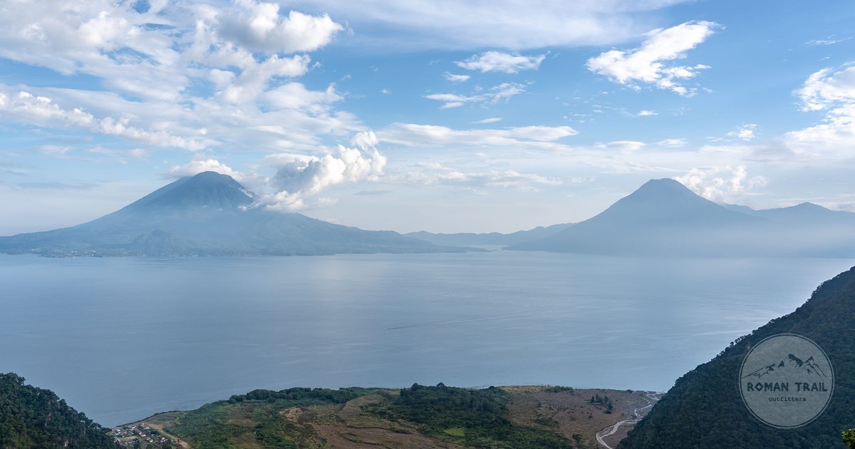 Lake Atitlan and its surrounding volcanoes under cloud, Guatemala