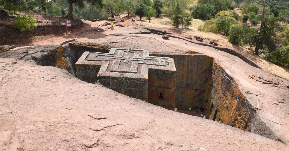 Aerial view of the rock-hewn Church of Saint George in Lalibela, Ethiopia