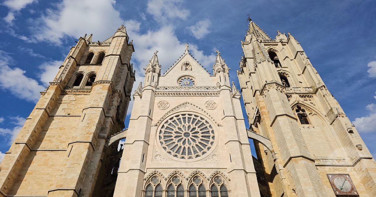 The facade and towers of Leon Cathedral on a clear day, Spain