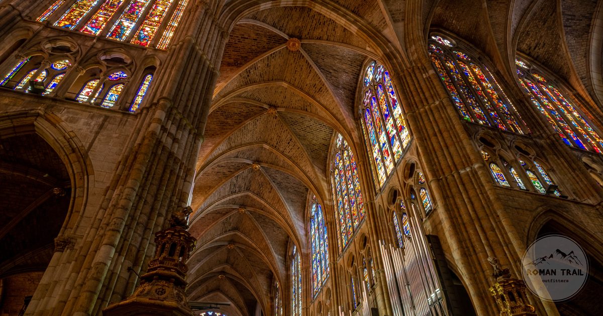 Stained glass and gothic architecture inside Leon Cathedral, Spain