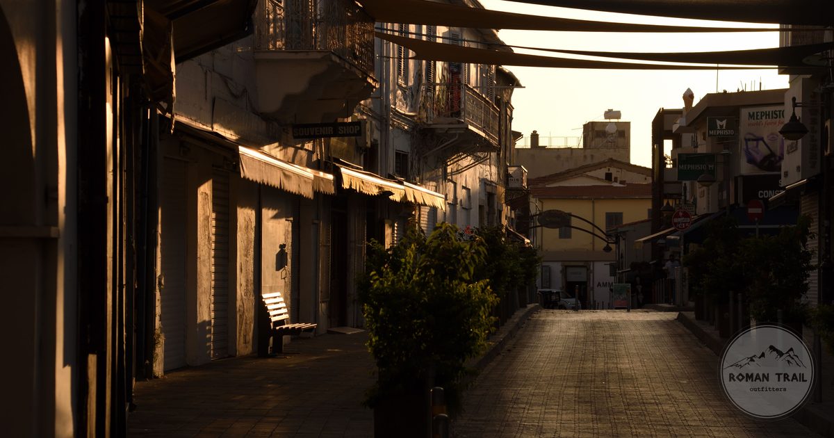 A narrow alleyway in Limassol, Cyprus, at sunset