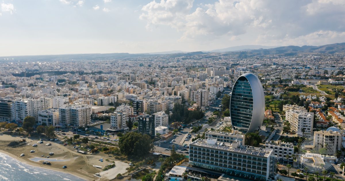 Aerial view of the seafront and modern buildings at Limassol, Cyprus