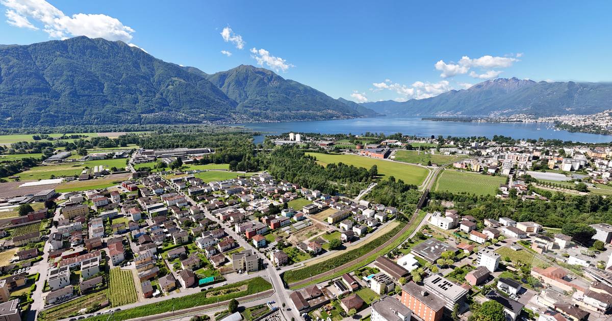 Aerial view of Locarno, Lake Maggiore and the surrounding mountains, Switzerland