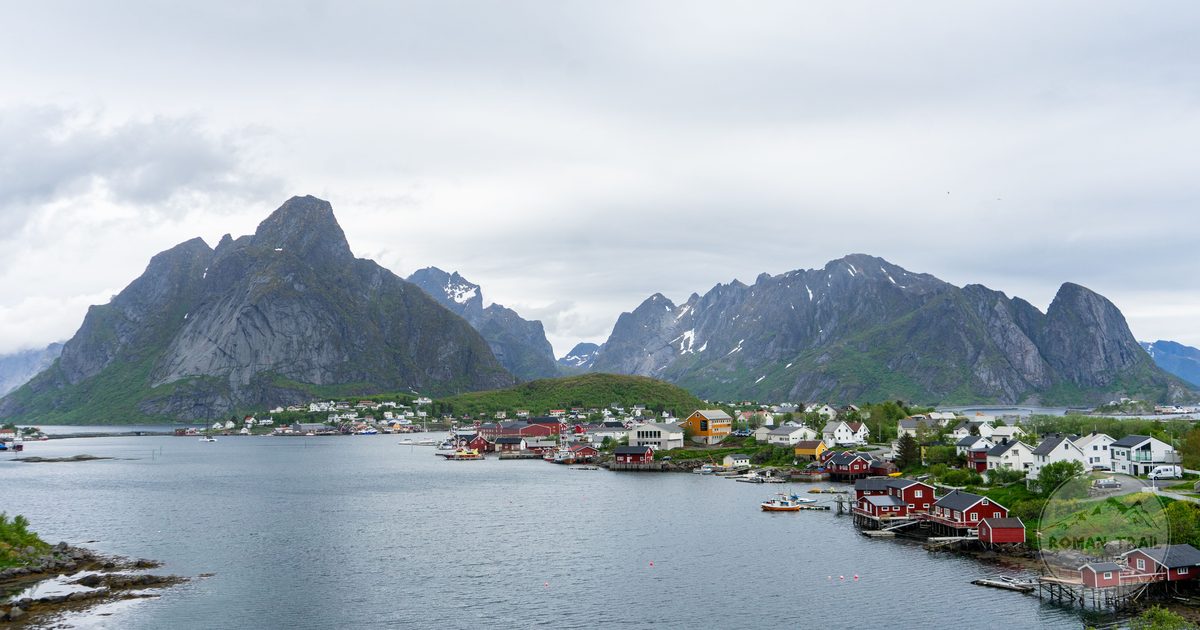 Aerial view of Reine village and the surrounding peaks, Lofoten Islands, Norway