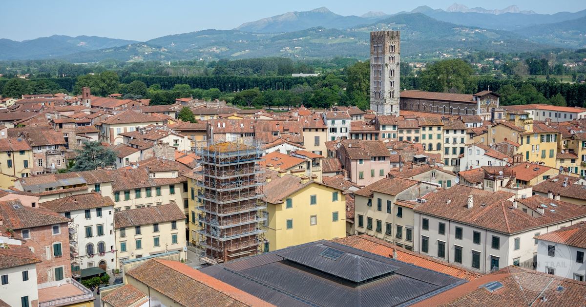 Aerial view of Lucca and its historic architecture, Tuscany, Italy