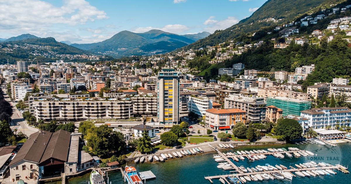 Aerial view of the Lugano waterfront and the mountains, Switzerland