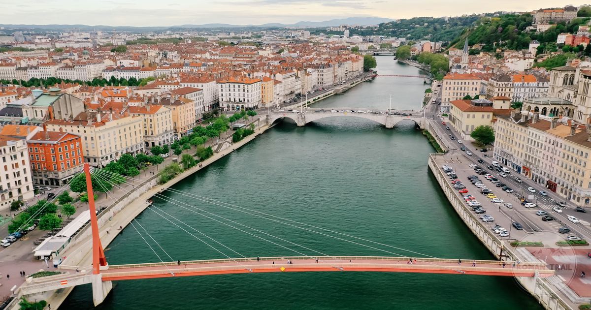 Aerial view of the Saone and the bridges of Lyon, France