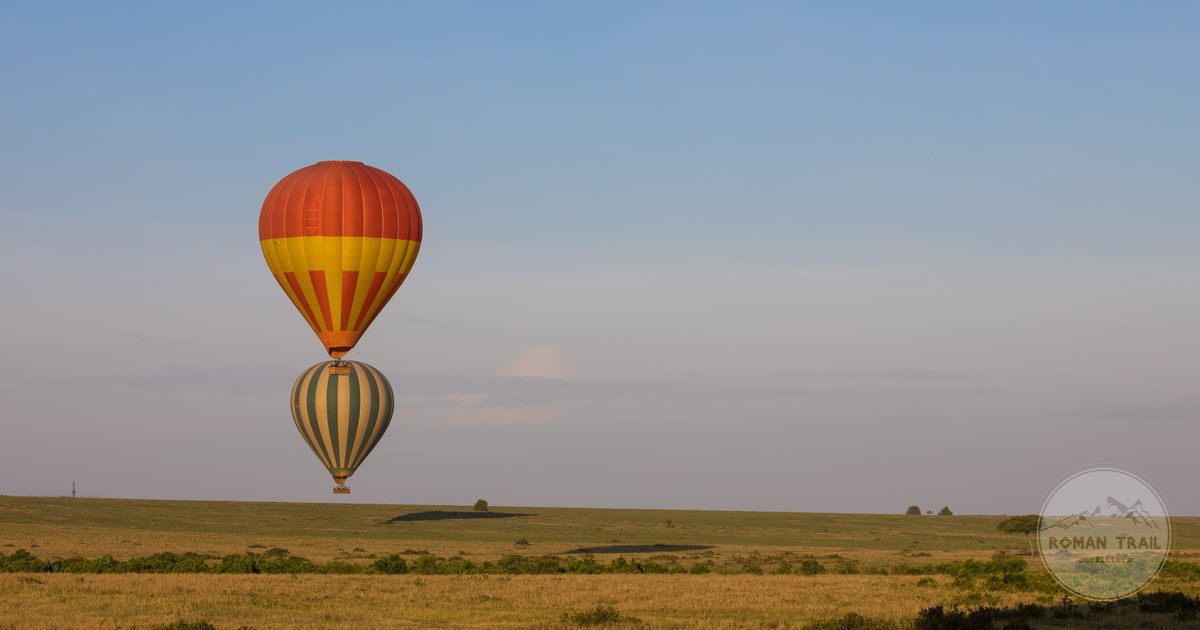 Hot air balloons over the Maasai Mara savannah at sunrise, Kenya