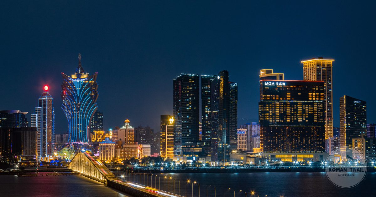 The Macau skyline of illuminated hotels at night
