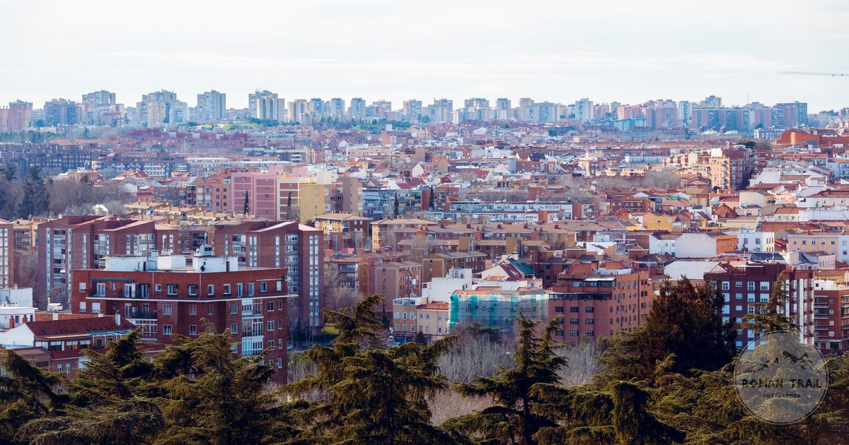 Aerial view of the Madrid cityscape under a clear sky, Spain