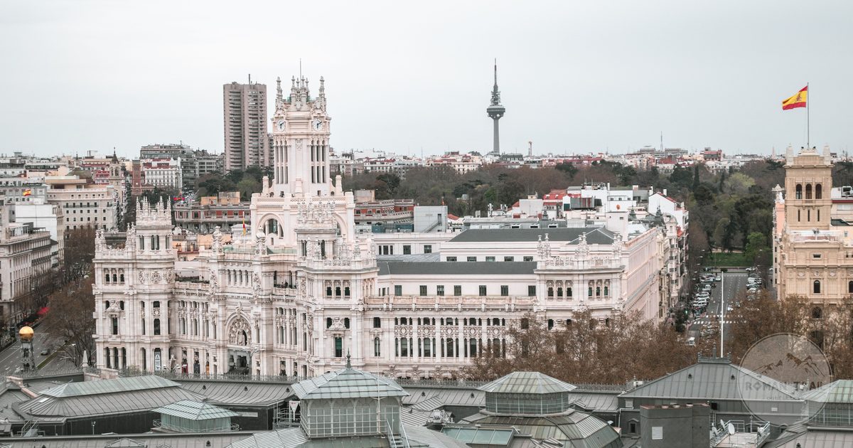Aerial view of the Palacio de Cibeles and central Madrid, Spain
