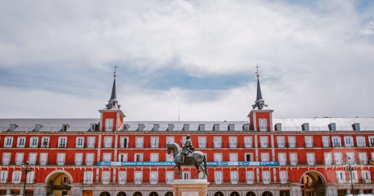 Plaza Mayor and its historic arcades in Madrid, Spain