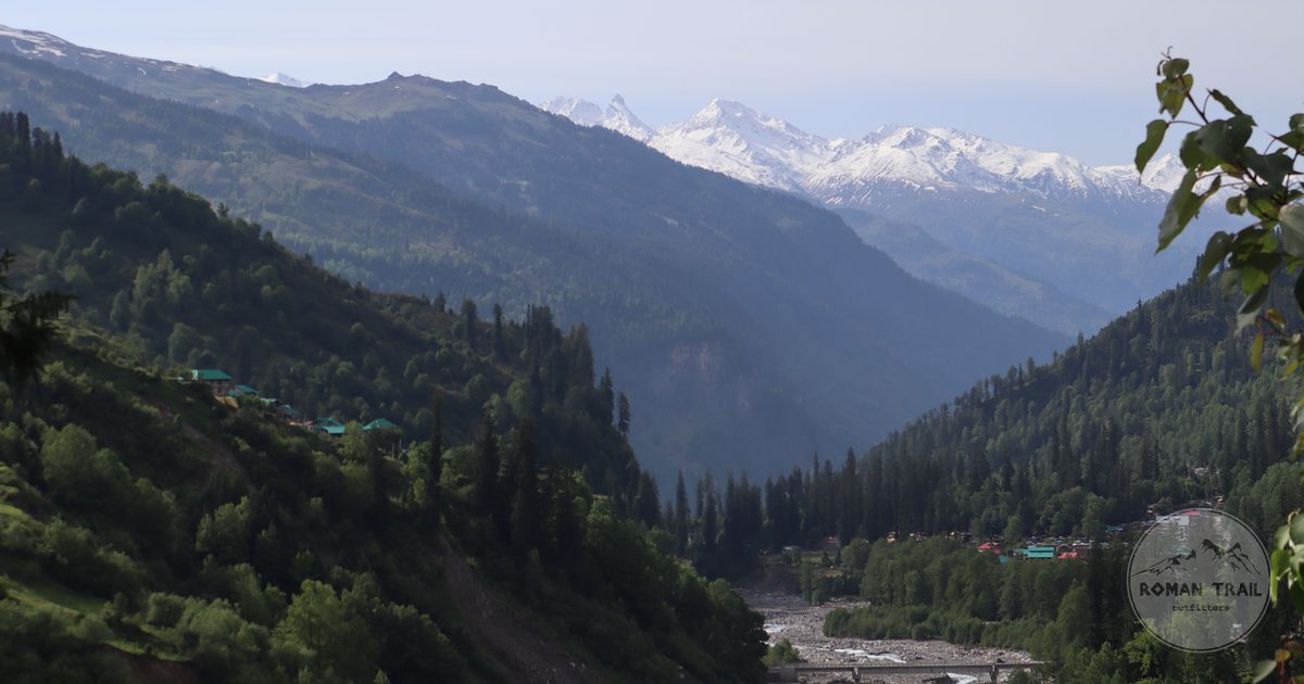 A river through the mountain landscape at Manali, Himachal Pradesh, India