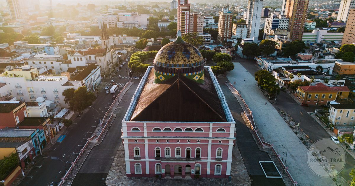 Aerial view of the Teatro Amazonas opera house in Manaus at sunset, Brazil
