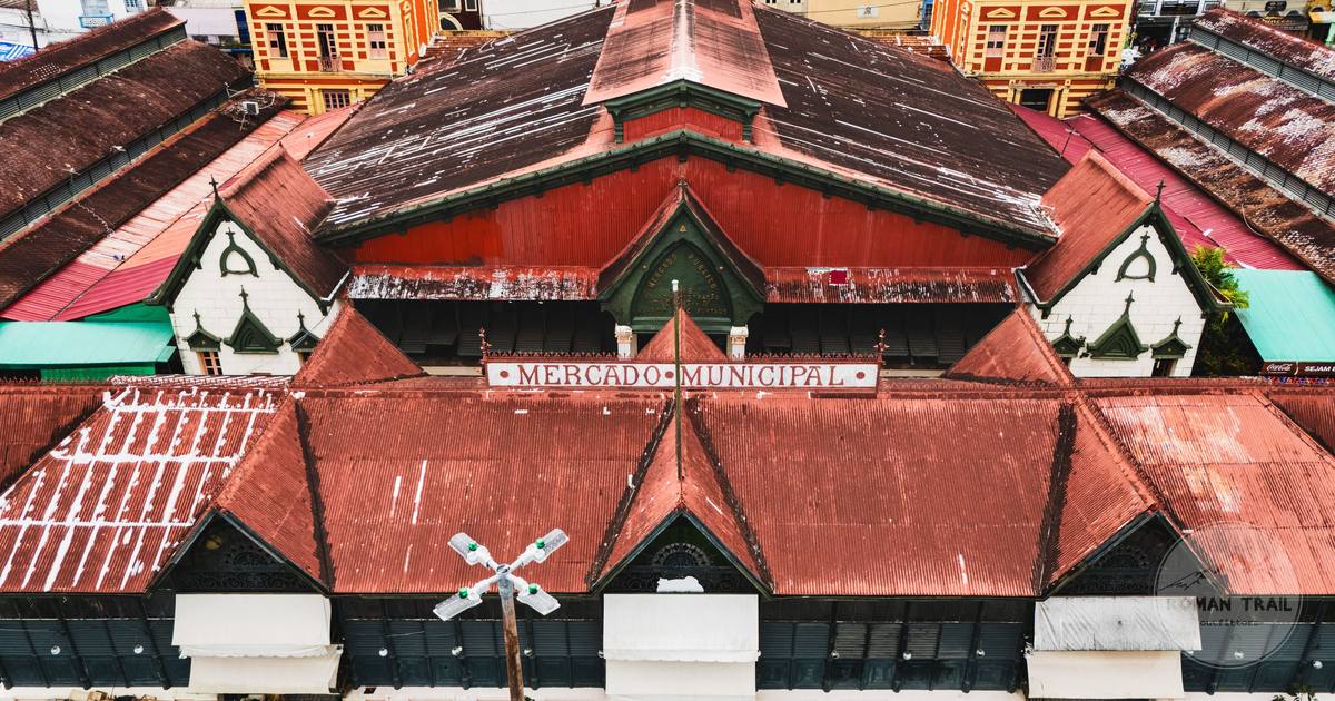 The historic Mercado Municipal seen from above in Manaus, Brazil