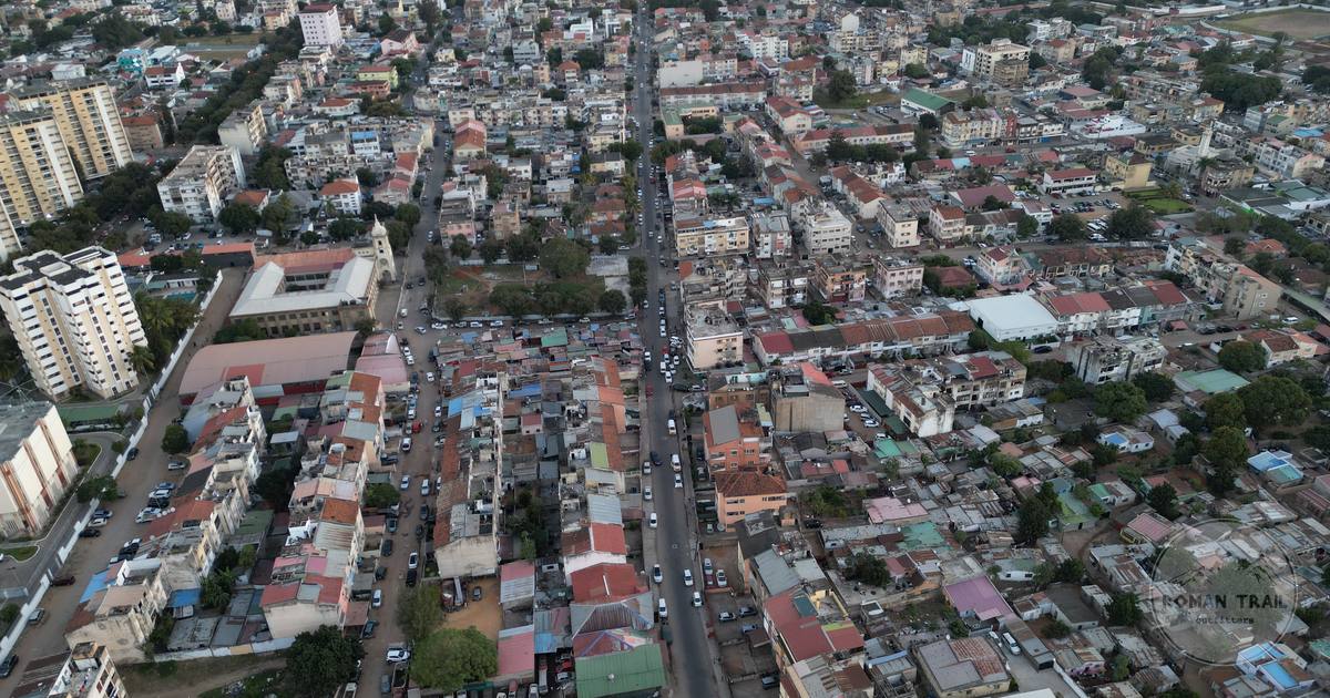 Aerial view of densely built city blocks in Maputo, Mozambique