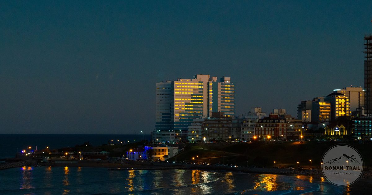 The Mar del Plata skyline at twilight with city lights on the water, Argentina