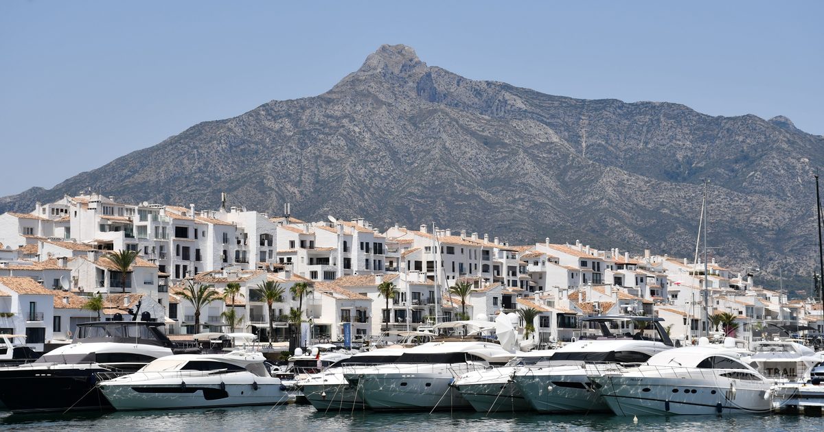 Yachts at Puerto Banus with the mountains behind, Marbella, Spain