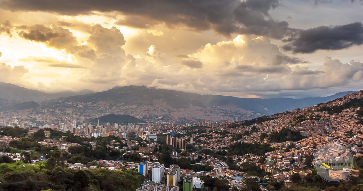 The Medellin skyline at sunset in the Aburra Valley, Colombia