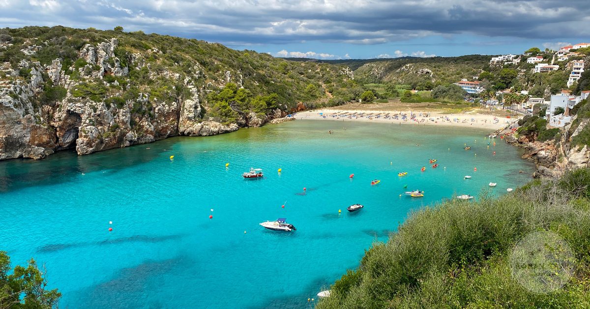 Aerial view of Cala en Porter beach on Menorca, Balearic Islands