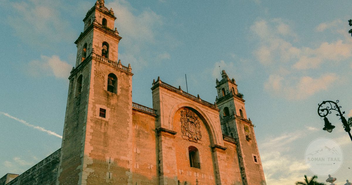 The facade of Merida cathedral in warm evening light, Yucatan, Mexico