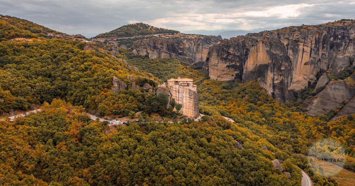 Aerial view of the Meteora monasteries in autumn, Greece