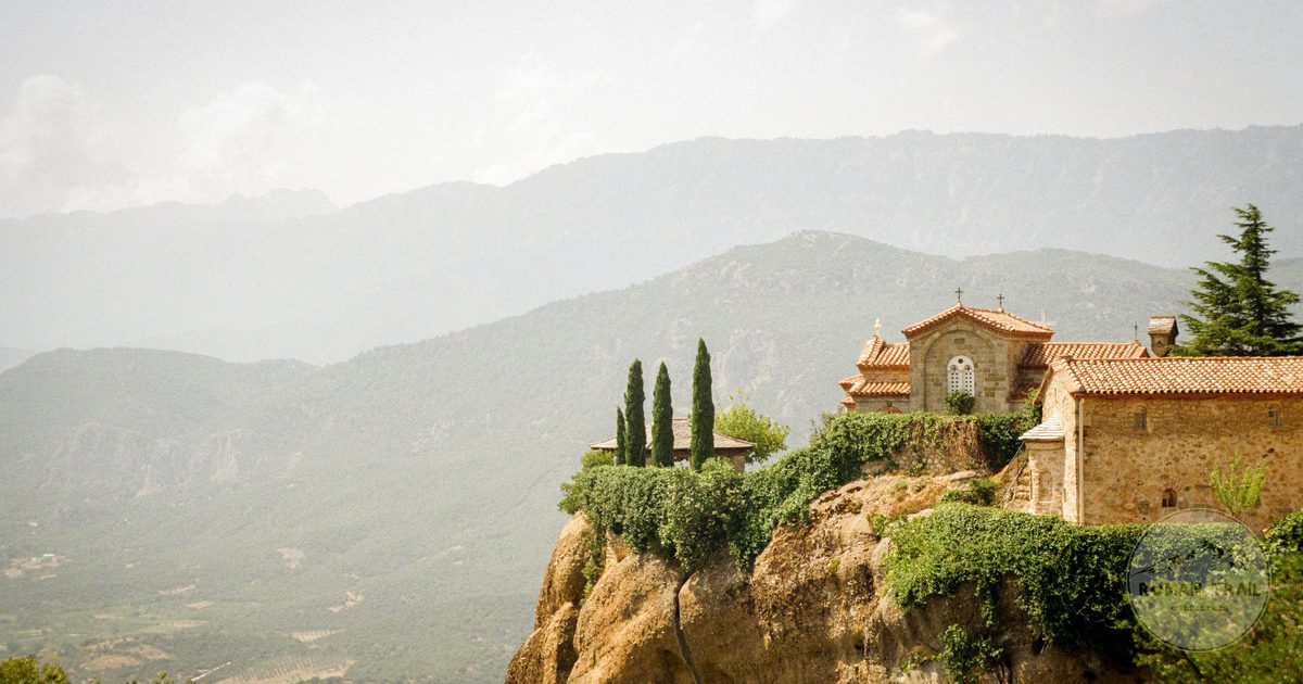 A monastery perched on a cliff at Meteora, Greece