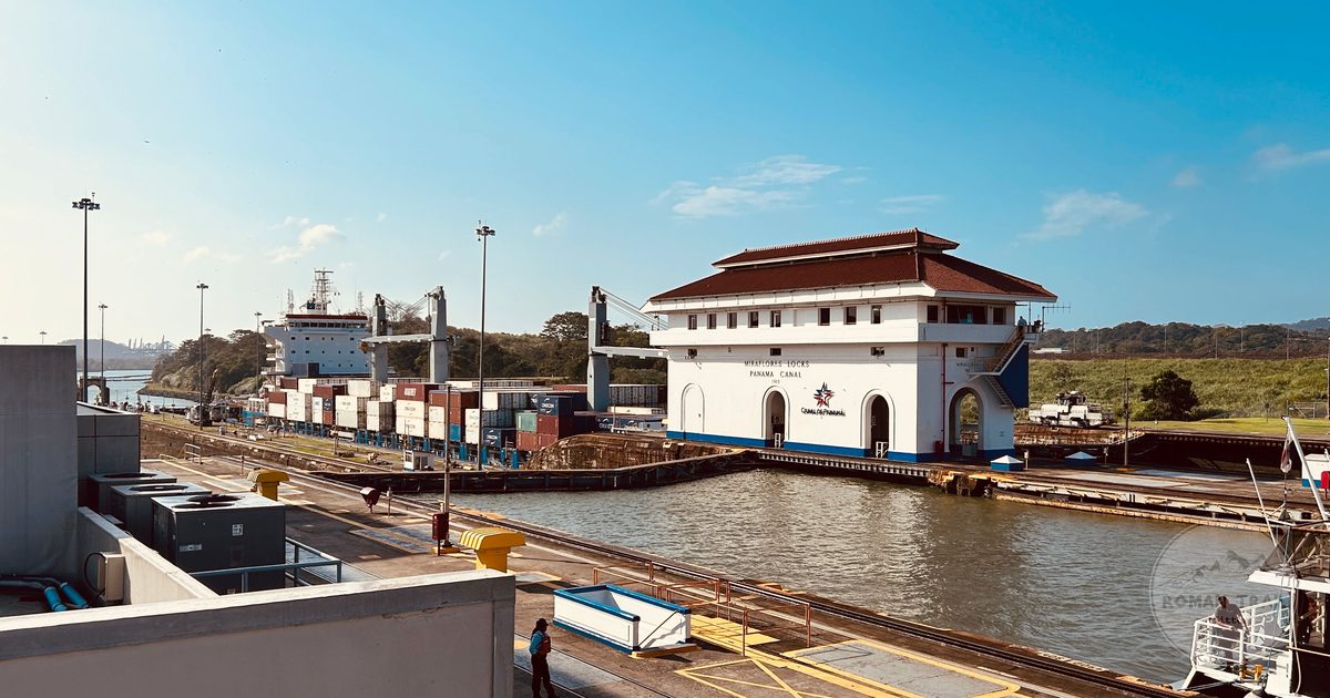 A cargo ship at the Miraflores Locks on the Panama Canal, Panama
