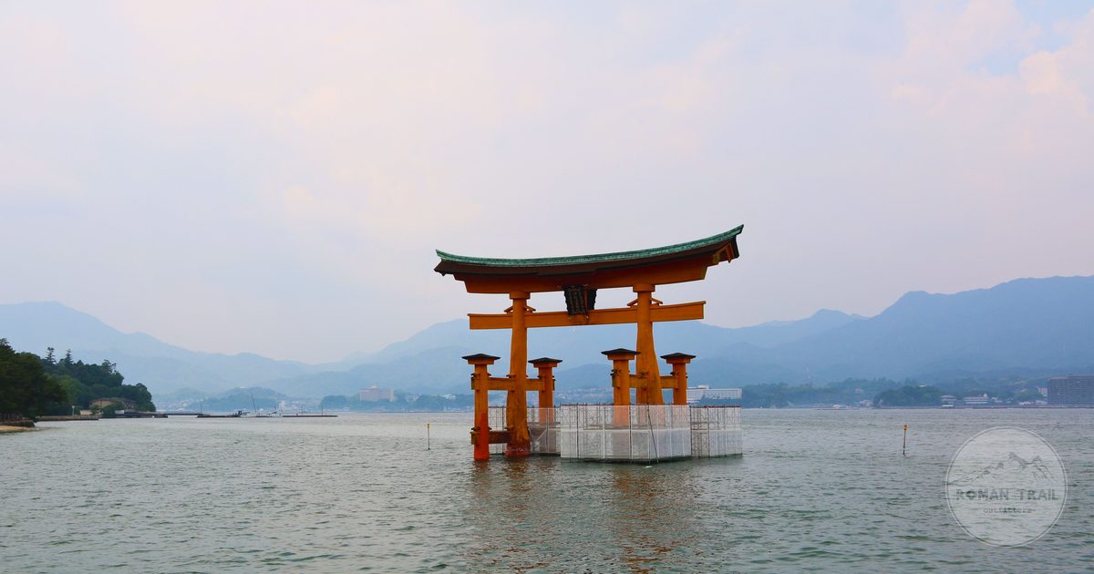 The torii gate standing in the water at Itsukushima Shrine, Hiroshima, Japan