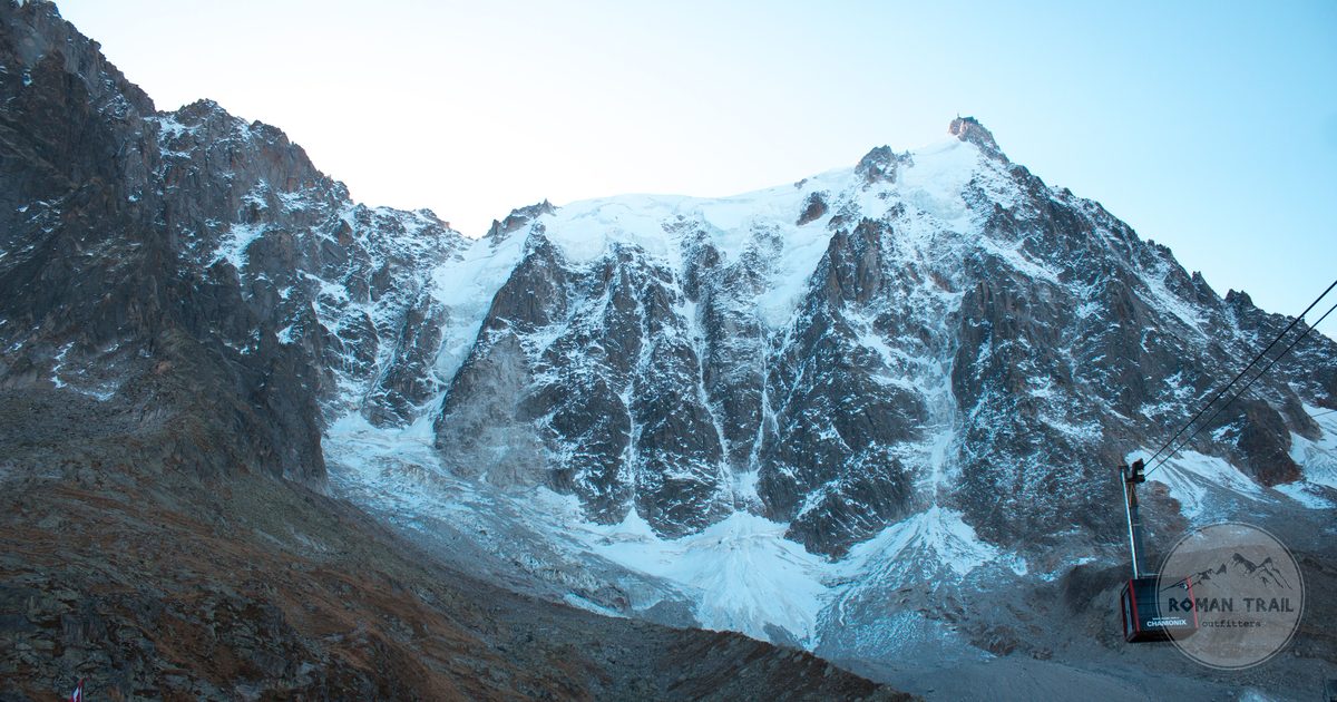 The snow capped Mont Blanc massif with a cable car, Chamonix France