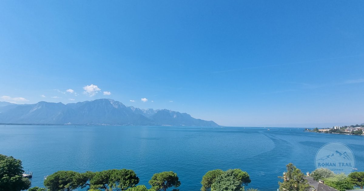Aerial view of Montreux, Lake Geneva and the surrounding mountains, Switzerland