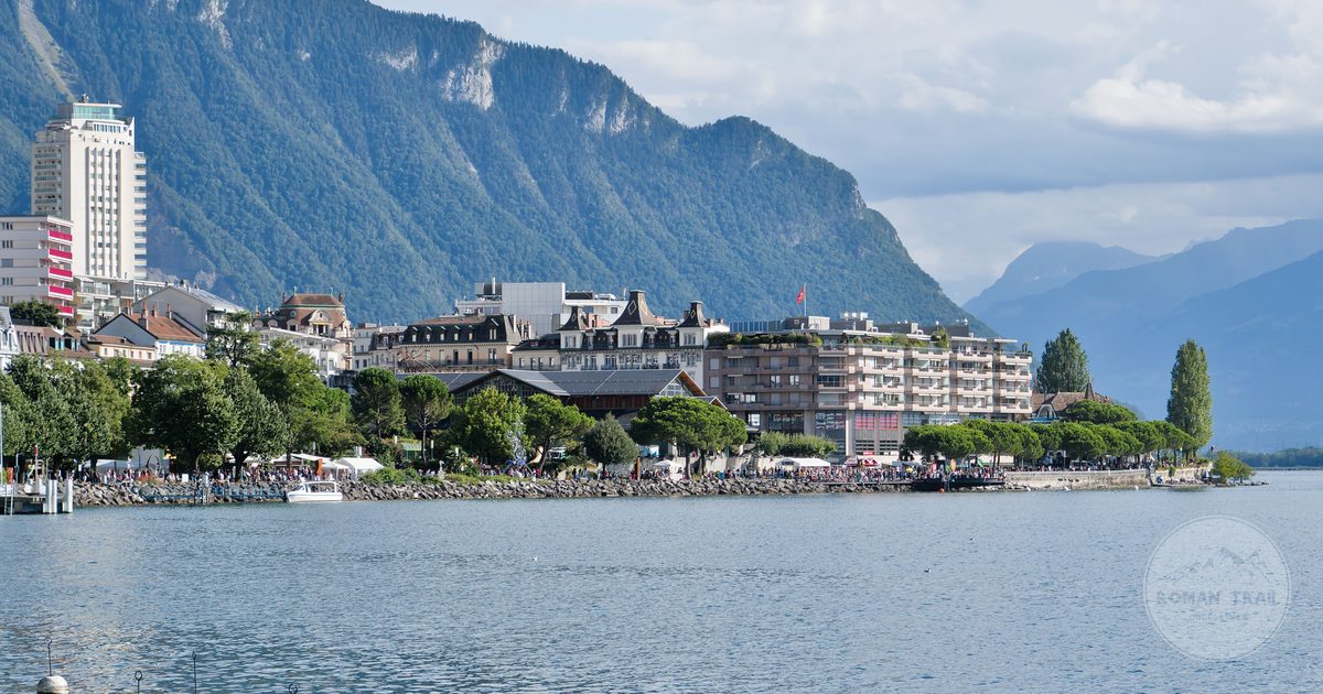 The Montreux waterfront with the Swiss Alps behind, Switzerland
