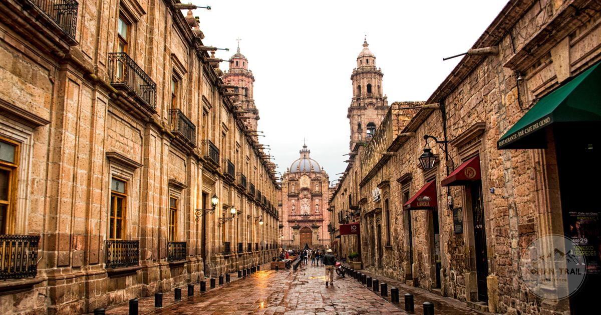 A cobbled street leading to Morelia Cathedral, Michoacan, Mexico