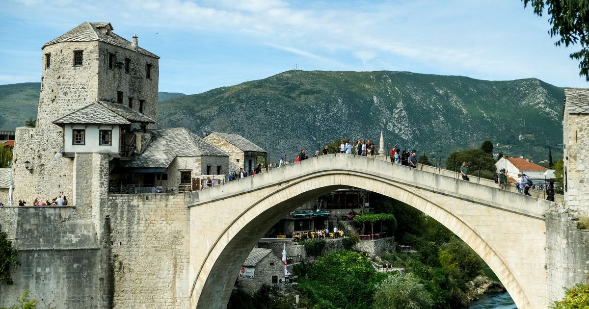 Stari Most, the Ottoman arch bridge over the Neretva at Mostar, Bosnia and Herzegovina