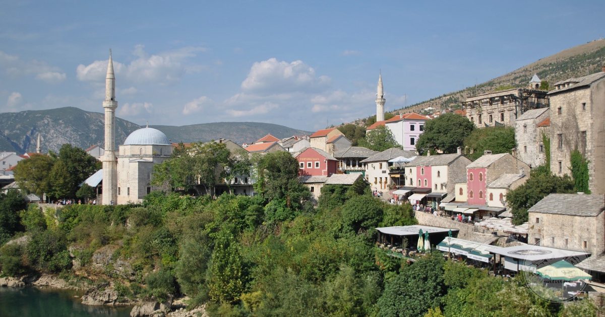 The old town of Mostar with the Neretva river and minarets, Bosnia and Herzegovina