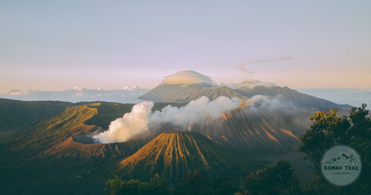 Aerial view of Mount Bromo and the caldera at sunrise, East Java, Indonesia