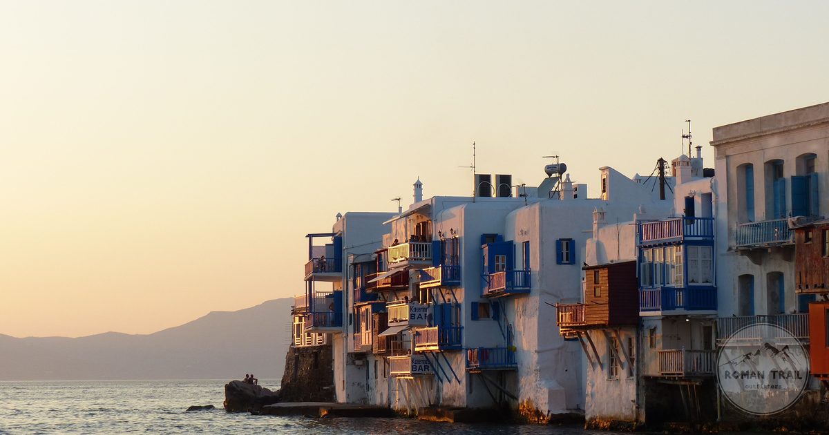 Little Venice waterfront houses at sunset on Mykonos, Greece