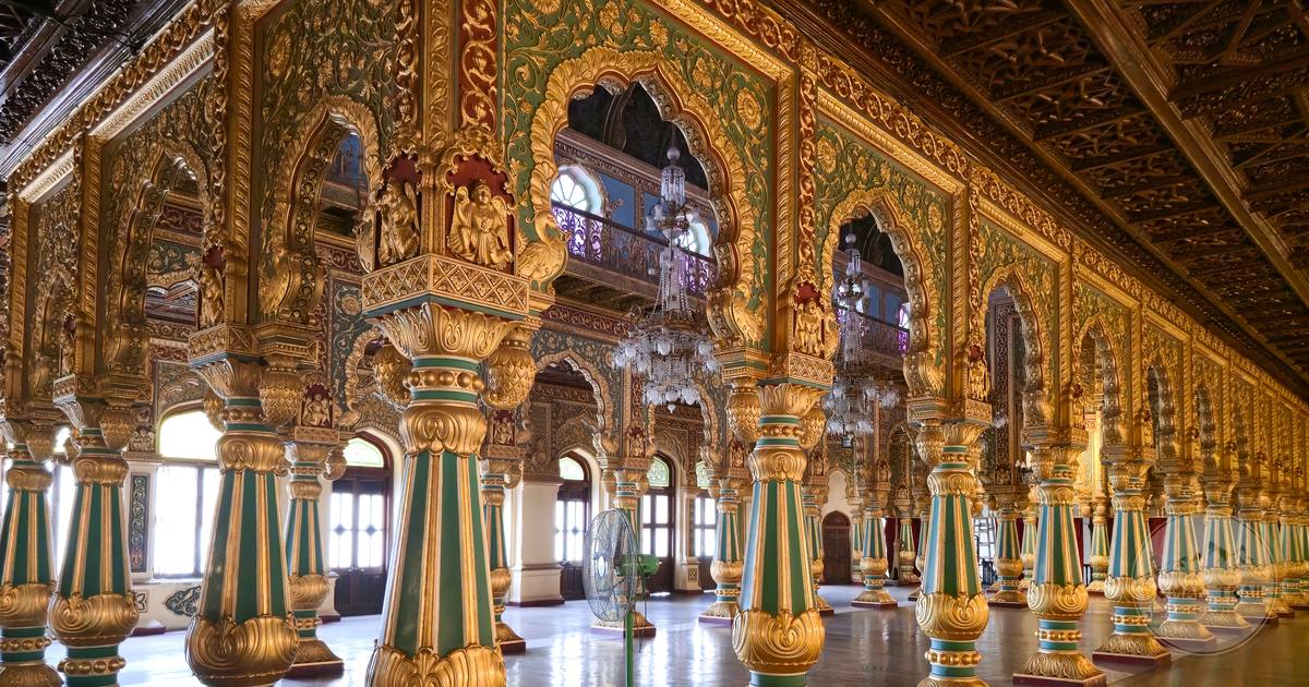 Columns and arches inside the hall of Mysore Palace, India