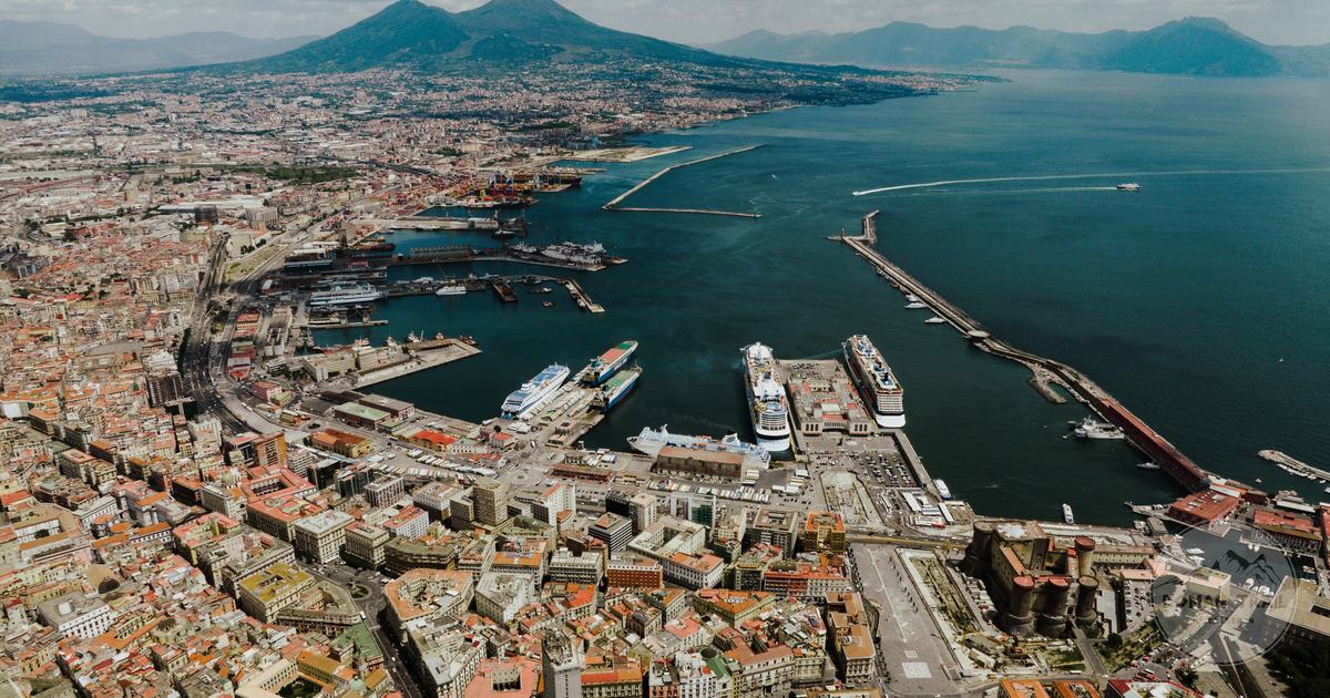 Naples harbour with Mount Vesuvius in the background, Italy