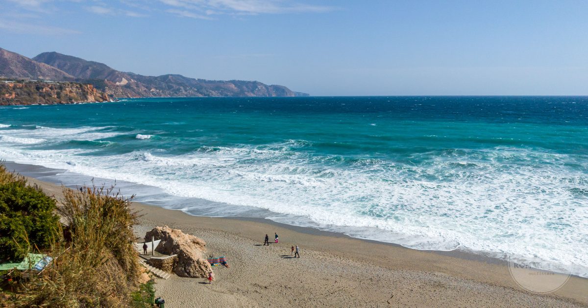 Aerial view of the turquoise water at Nerja beach, Andalusia, Spain
