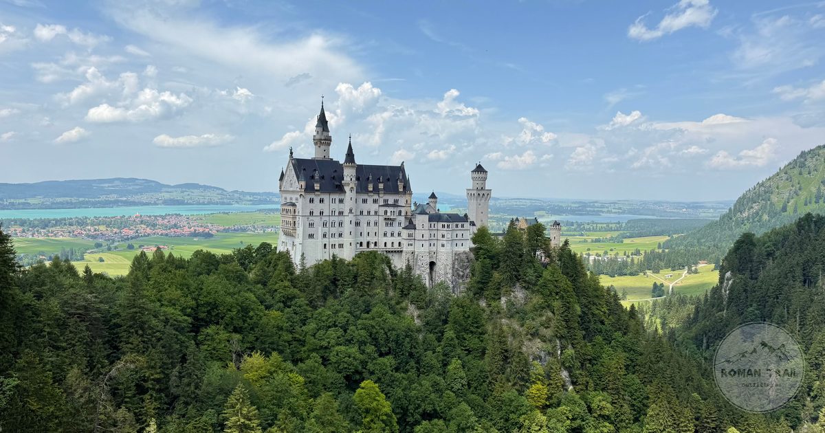 Neuschwanstein Castle in the Bavarian landscape, Germany