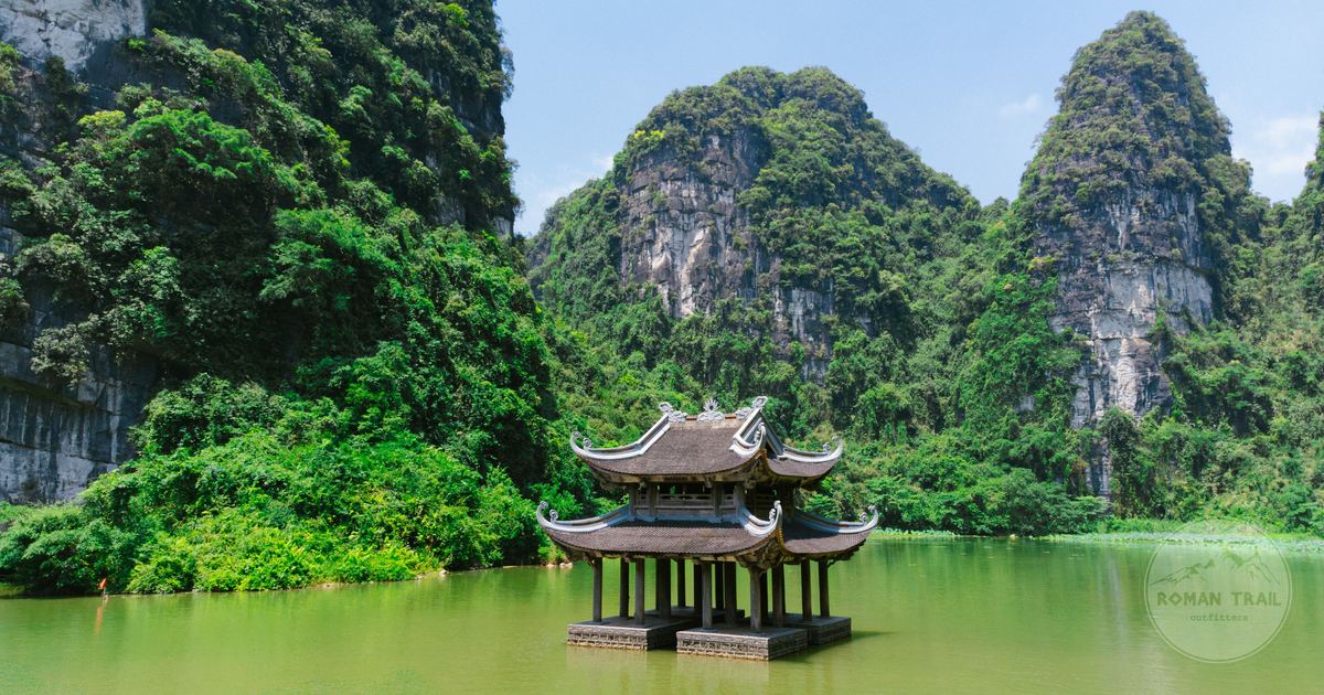 A floating pagoda among karst mountains in Ninh Binh, Vietnam