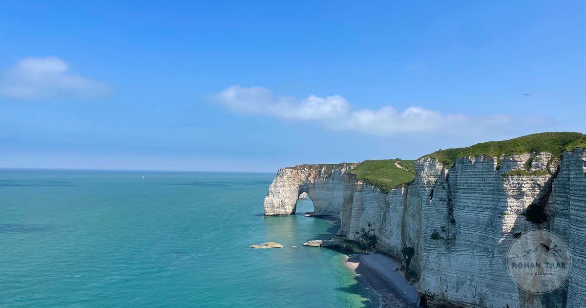 The white chalk cliffs and natural arch at Etretat, Normandy, France