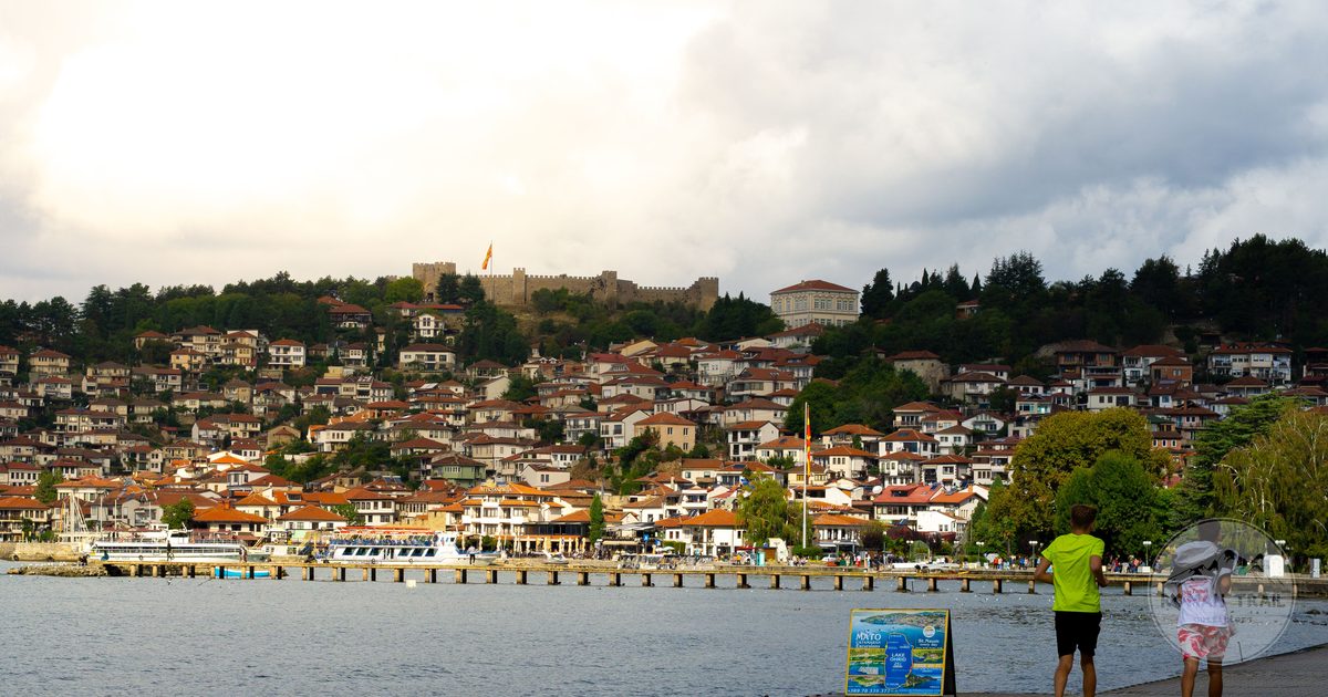 People walking along the waterfront in Ohrid, North Macedonia
