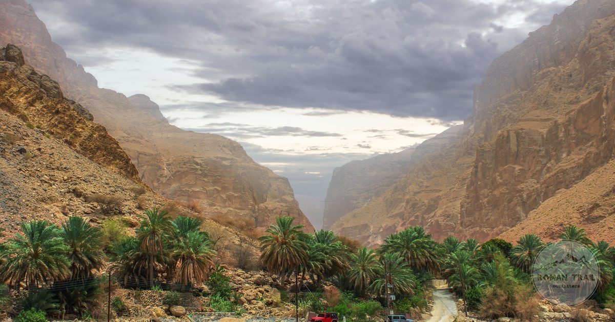 Rugged valley with palm trees in Muscat Governorate, Oman