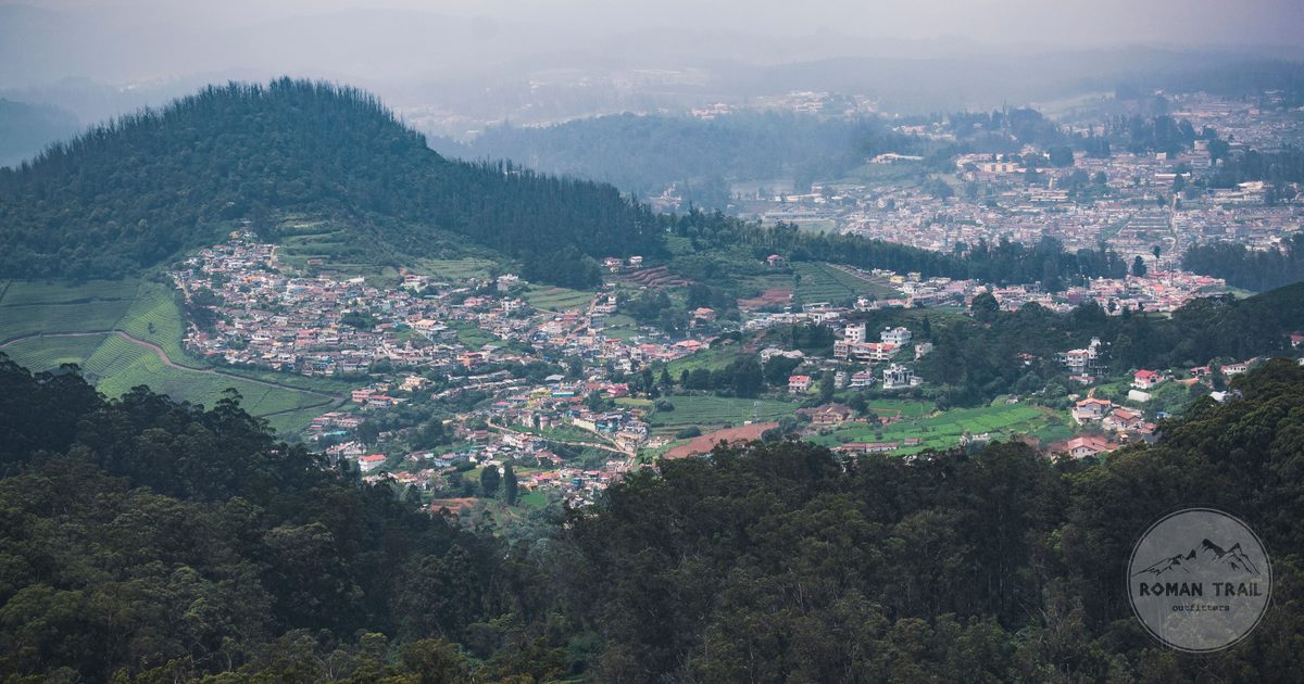 Aerial view of the hills and townscape at Ooty, Tamil Nadu, India