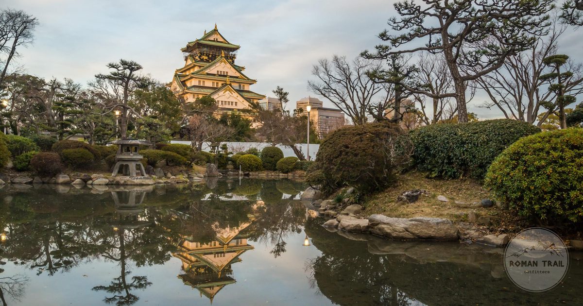 Osaka Castle above its garden and moat, Osaka travel guide for women by Roman Trail Outfitters
