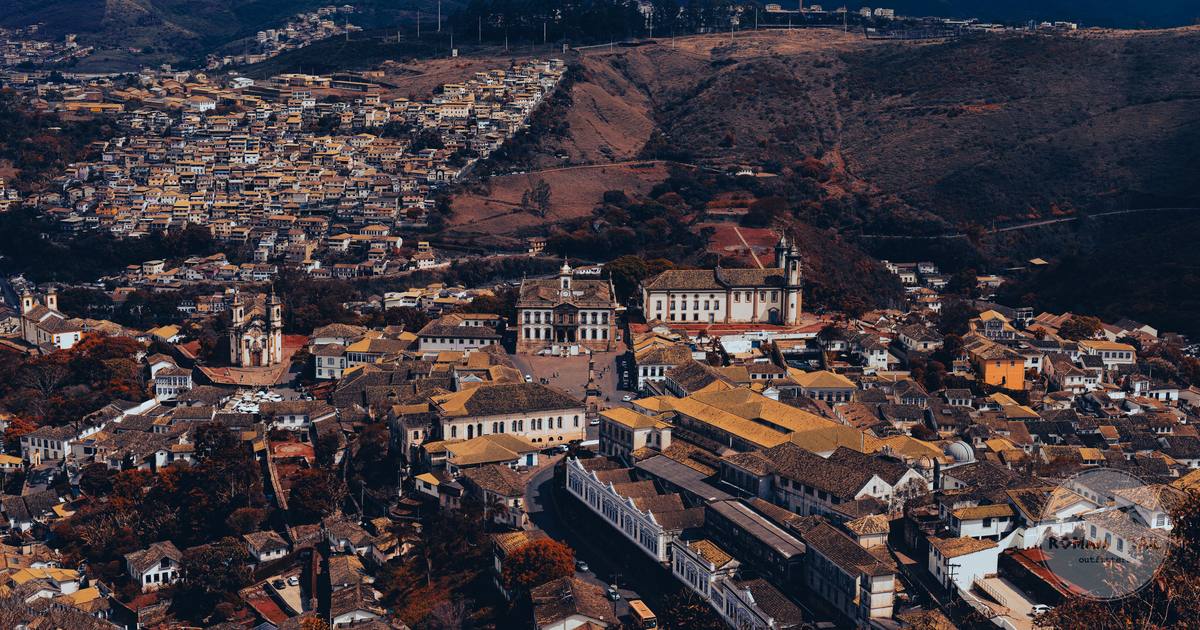 Aerial view of the historic town of Ouro Preto among the mountains, Brazil